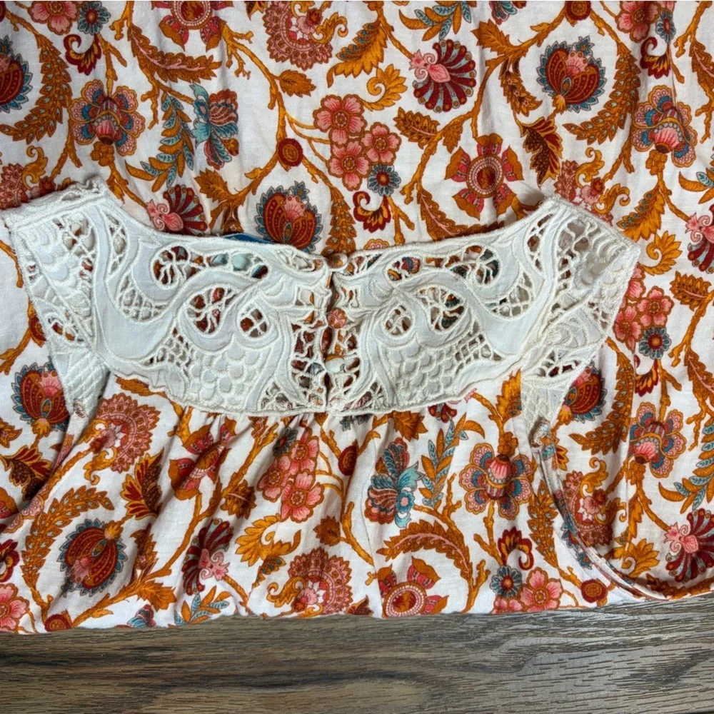 Sundance Catalog Orange Paisley Lace Yoke Sleeveless croquette boho Top